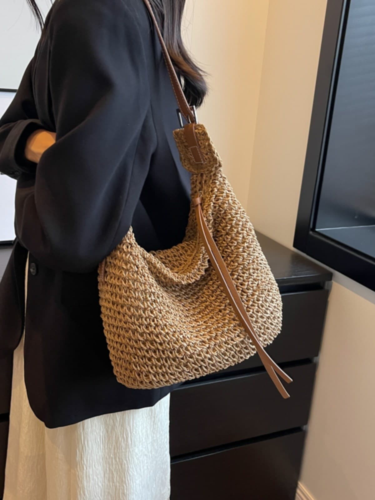 ショルダーバッグレディース ナチュラル風編みホーボーかごバッグ