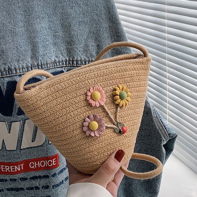 ショルダーバッグレディース 花束刺繍ミニかごショルダー